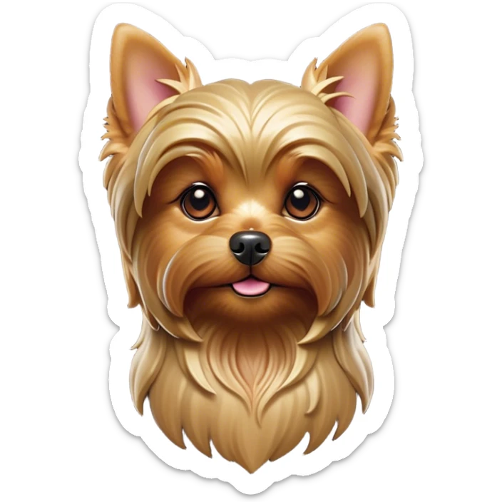 Cinematic Noble Yorkshire Terrier Portrait Emoji, Exuding refined charm and dignified poise, with a lustrous, silky fur in rich, deep hues, alert eyes and a confident expression, simplified yet exquisitely detailed, glowing with a soft, aristocratic radiance, high shine, embodying intelligent grace and classic elegance, soft glowing outline, capturing the essence of a regal Yorkshire Terrier ready to rule the screen with effortless sophistication! sticker