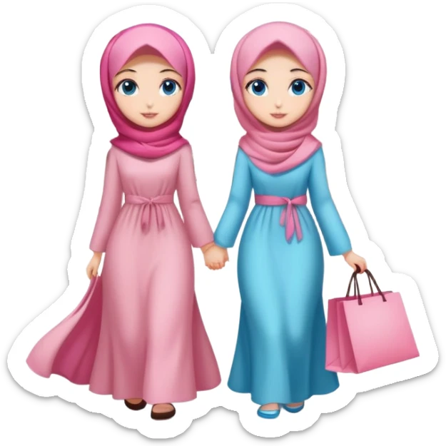 Turkish beautiful finish Konya girls blue eyes with lovely cherry blossom hijab long tail dress and the two friends shopping in a shopping city  sticker