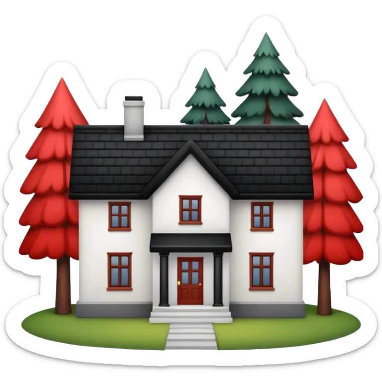 Dom z czarnym dachem i biała elewacja ze wstawkami z czerwonej cegły.Na drugim planie las. sticker