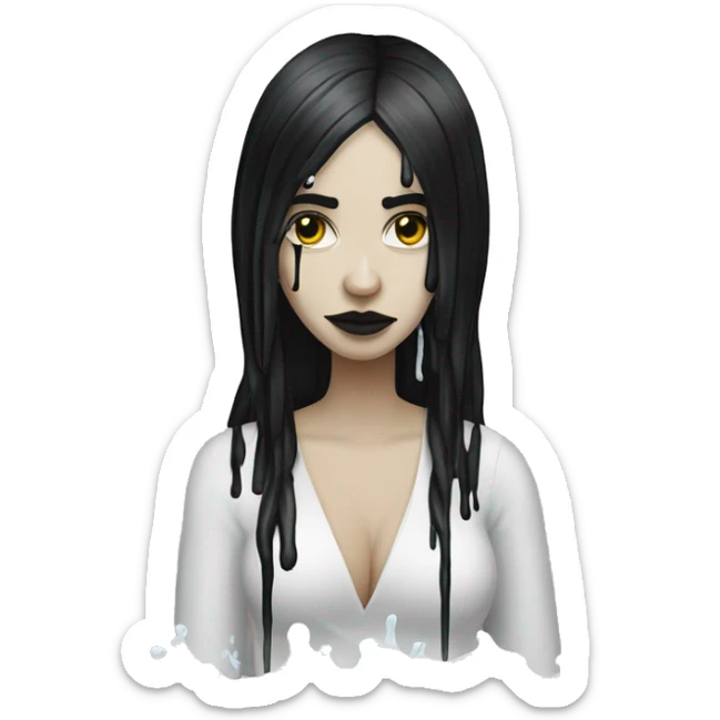 white goth women with long black hair with sticky white flour water dripping off her face  sticker