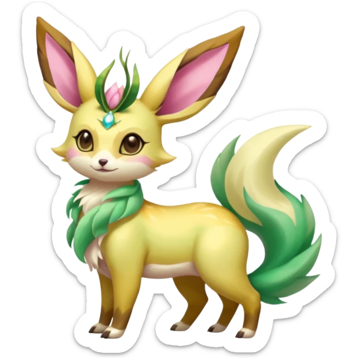 Colorful brown with rose pink, yellow-beige-cream, jade-green tropical exotic shiny beautiful fantasy-Vernid-Cacomistle-Leafeon-Sylveon-animal-Fakémon-hybrid-fursona (full body) sticker