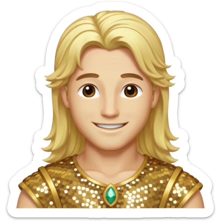 Adonis, God of Beauty from Gods and Goddesses with long blonde hair, gold sequin outfit sticker