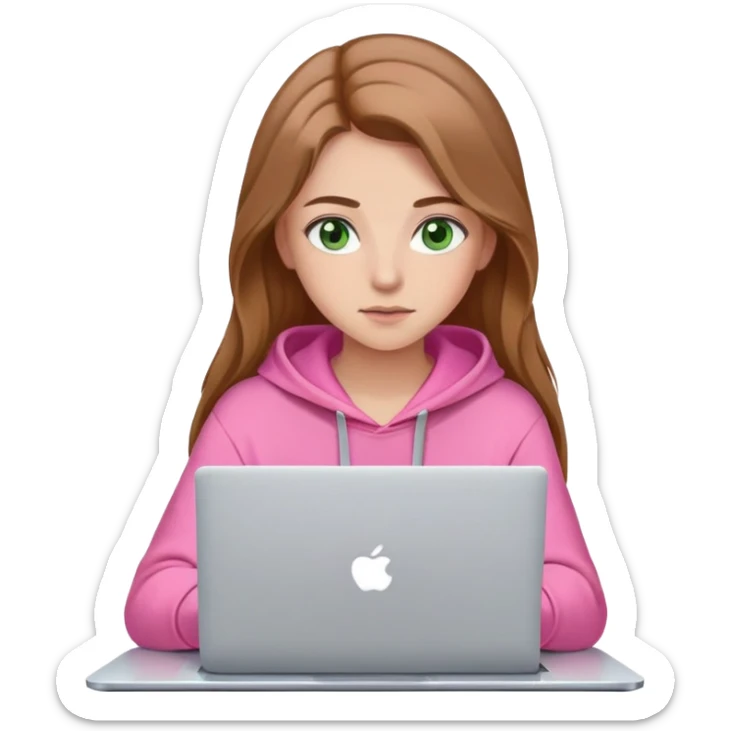 girl with light brown hair brown eyebrows fair skin green eyes long hair looking at laptop wearing pink hoodie  sticker