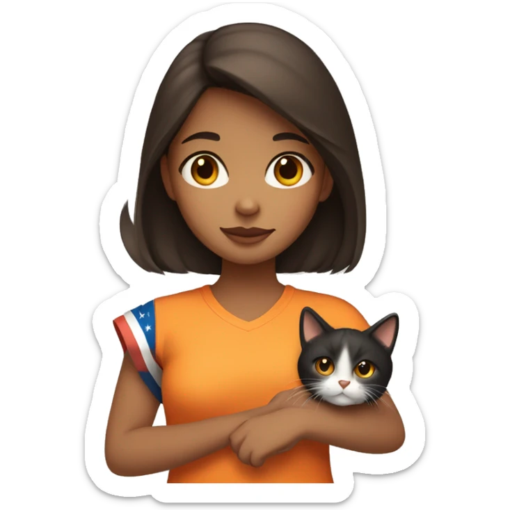 Brunette girl with brown eyes, holding a tricolor cat. Cat hairs are black in one side of its face and orange in the other side of its face. sticker