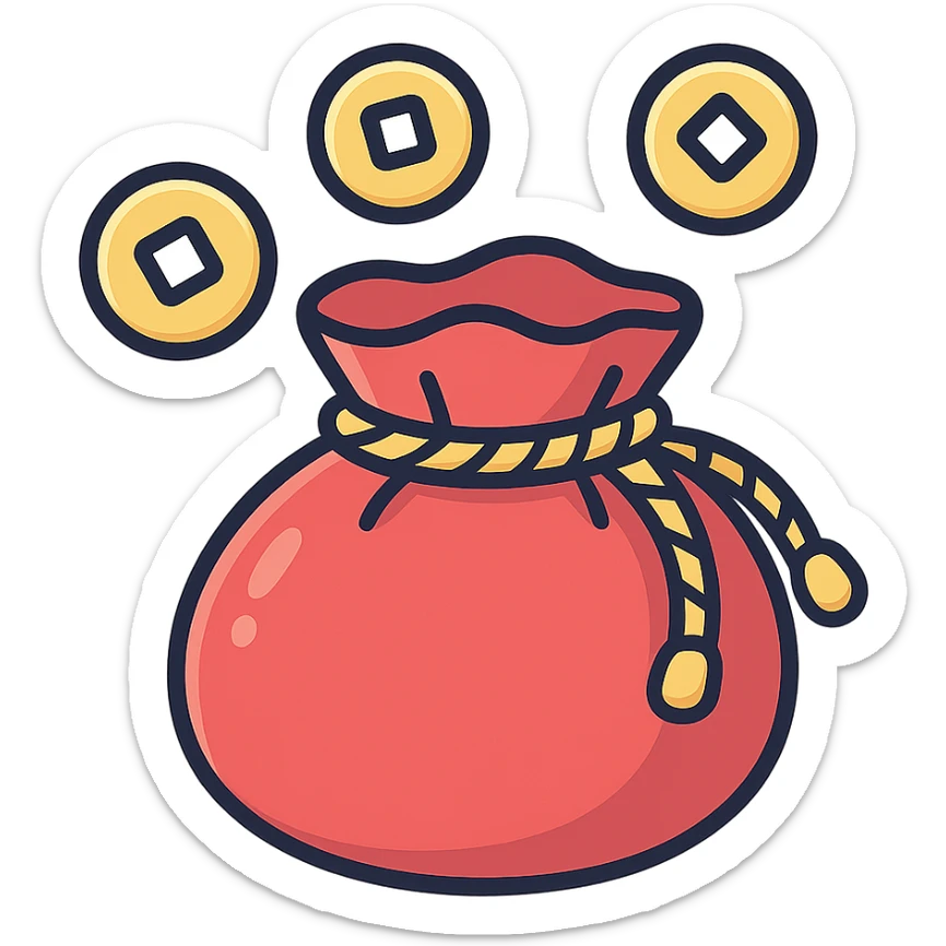 plump Chinese red pouch with golden Chinese coins flying out and around it, tied with a twisted golden cord, icon-color-outlined style, detailed shadows and highlights on pouch and coins, thin clean contours, soft rounded shapes, pastel palette with emphasis on red and gold, modern Japanese pop-art and sticker aesthetic, high detail, soft lighting, transparent background sticker