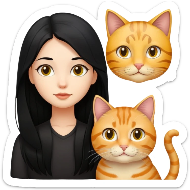 A girl with long black hair and an oval face is together with a black and yellow tabby cat. sticker