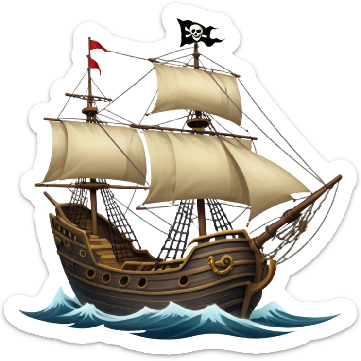 An icon representing an adventure game, inspired by high-seas exploration. The design features a fearless pirate gripping the wheel of a grand sailing ship, its tattered Jolly Roger flag billowing as it cuts through stormy waters. The scene evokes danger, treasure, and the thrill of the open sea. Transparent background. sticker