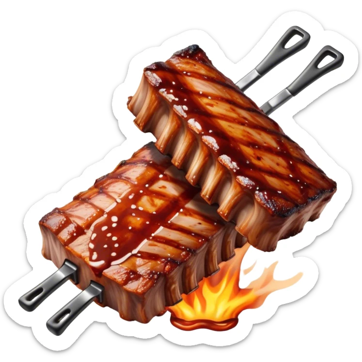 Cinematic juicy grilled ribs, glistening with smoky barbecue sauce, charred edges, tender meat falling off the bone, sizzling on a hot grill, mouthwatering and rich, warm and inviting, ultra-realistic and delicious. sticker