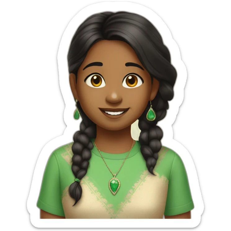 brown skinned black hair indian girl wearing a green shirt that says fifth grade with stud earrings and a necklace that says nila in cursive sticker
