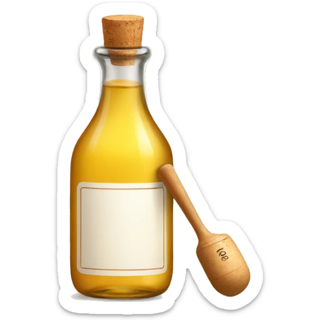 bottle of vinegar with the cork and a nozzle; spoon is laying neat the bottle sticker