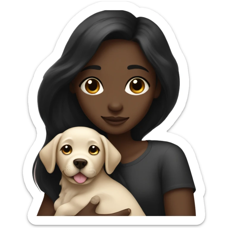 girl with very long black hair and dark skin hugging a Labrador puppy sticker