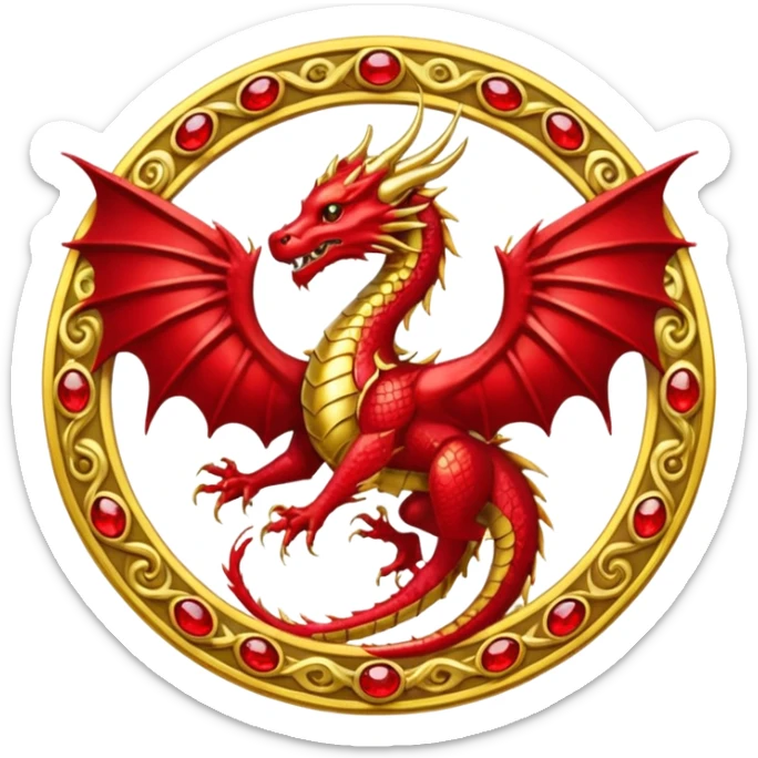 Golden dragon with wings crest / brosch in a circle with red gems and no background sticker