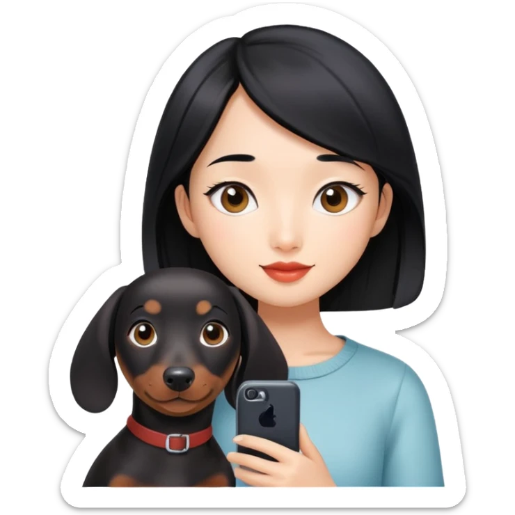 black hair asian girl taking selfie with black dachshund sticker