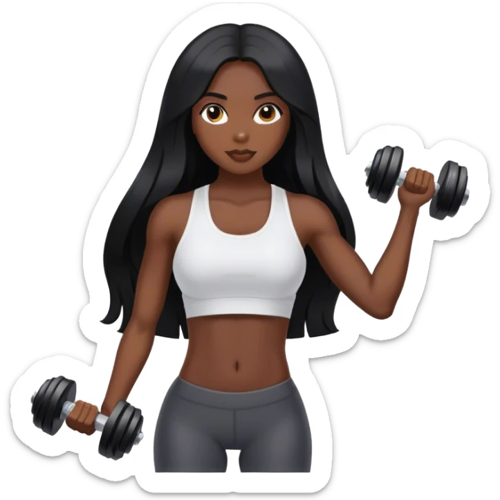 A girl with dark skin, long black hair, with an athletic body, in the hand of a dumbbell sticker