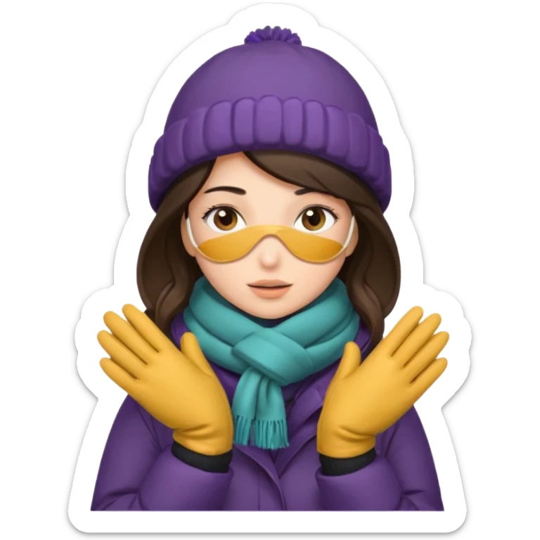 Brunette woman bundled up with parka, hat, scarf, and glvoes. The scarf covers her face  sticker
