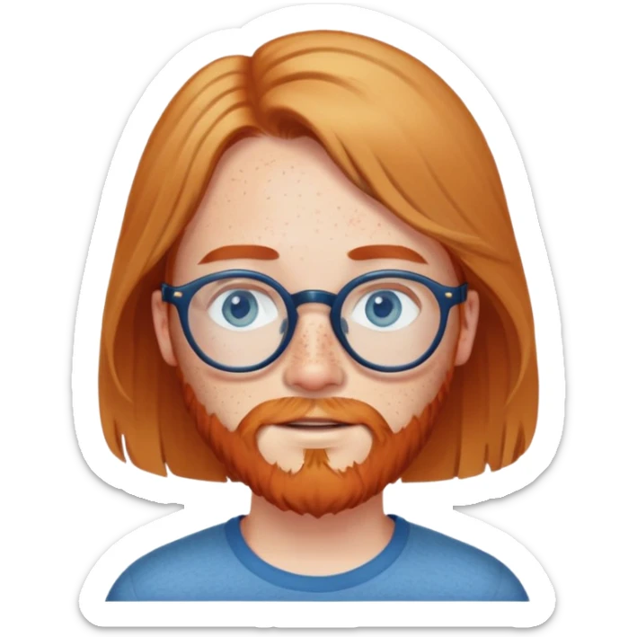 girl with shoulder-length brown hair, round glasses, and freckles. Man eith blonde hair, blue eyes, pale skin, freckles all over and red beard. sticker