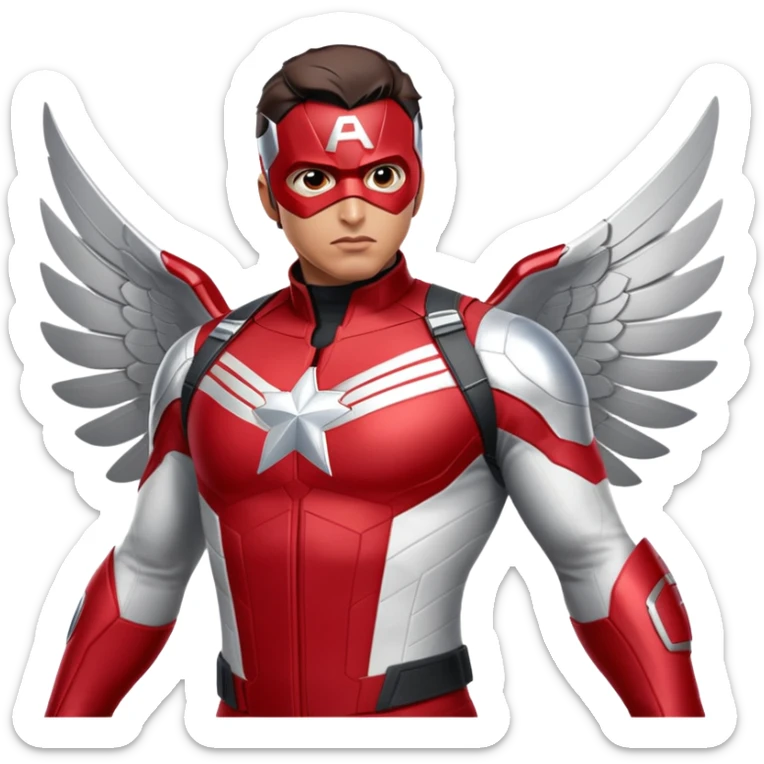 Danny Ramirez as the new Falcon in Captain America: Brave New World, wearing a sleek, high-tech red, white, and silver suit with aerodynamic wings. His expression is determined and heroic, ready for action. The background features a dramatic sky, highlighting his flying abilities sticker