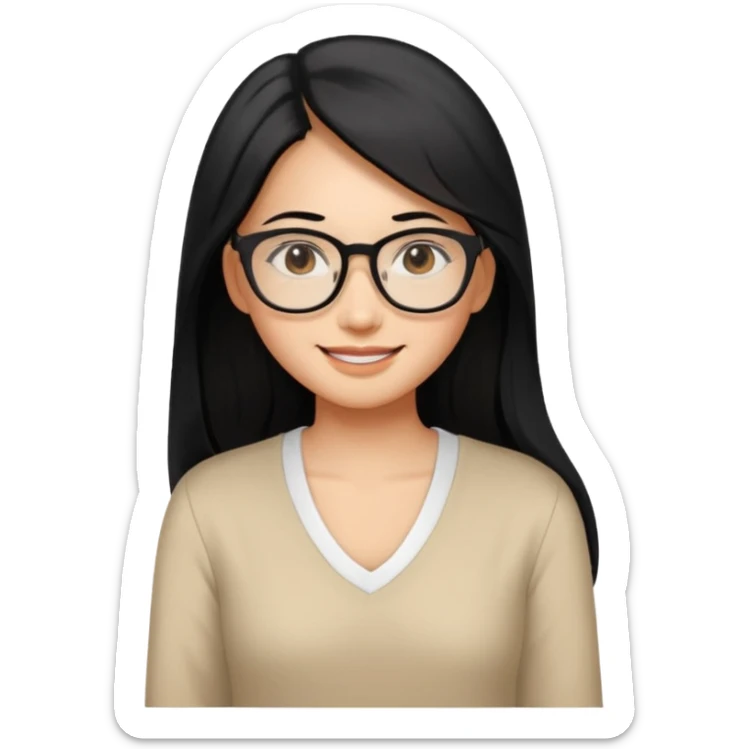 medium tan asian woman with long black hair past middle of back, round brown eyes, white v neck blouse. she has black thick frame rectangular glasses on and smilling sticker