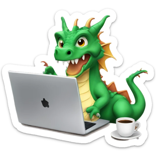 dragon on a laptop, wearing a shirt with the words hump day on it, with a cup of coffee in his right hand sticker