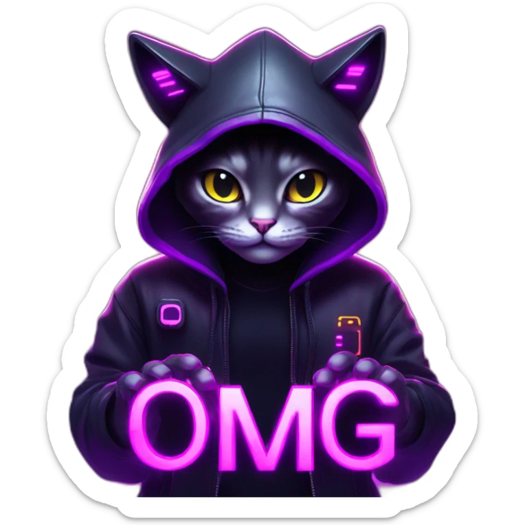 cat wearing a black hoodie with "OMG" letters on it and VR headset in a cyberpunk VR environment with violet neon lighting. sticker