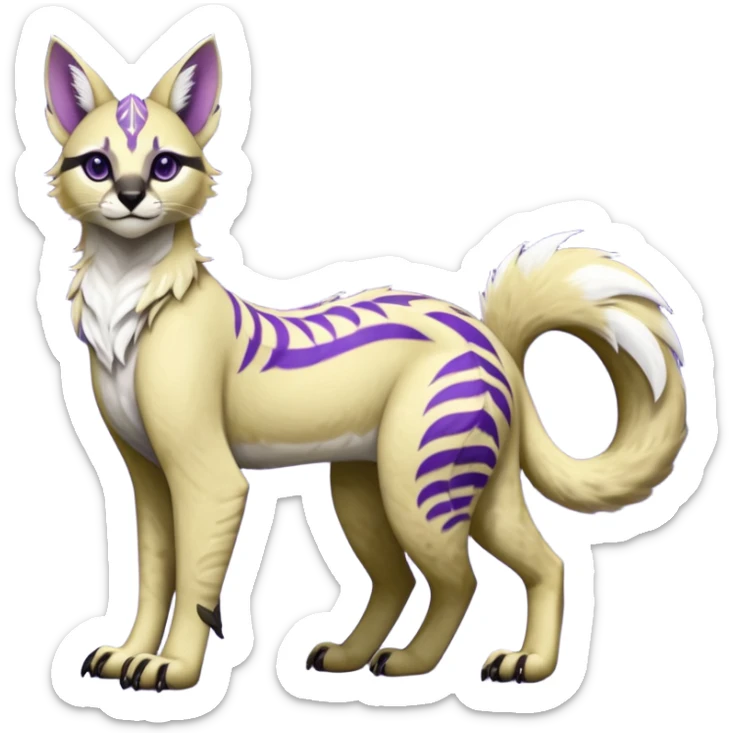 banana-cream-colored fur base coat, with violet-pointed, tropical tribal glorious divine exotic cute cool beautiful beautiful fantasy-caracal-civet-genet-sergal-vernid-Gryphon-Cacomistle-Trico-oncilla-animal-Fakémon-hybrid-fursona (full body) sticker