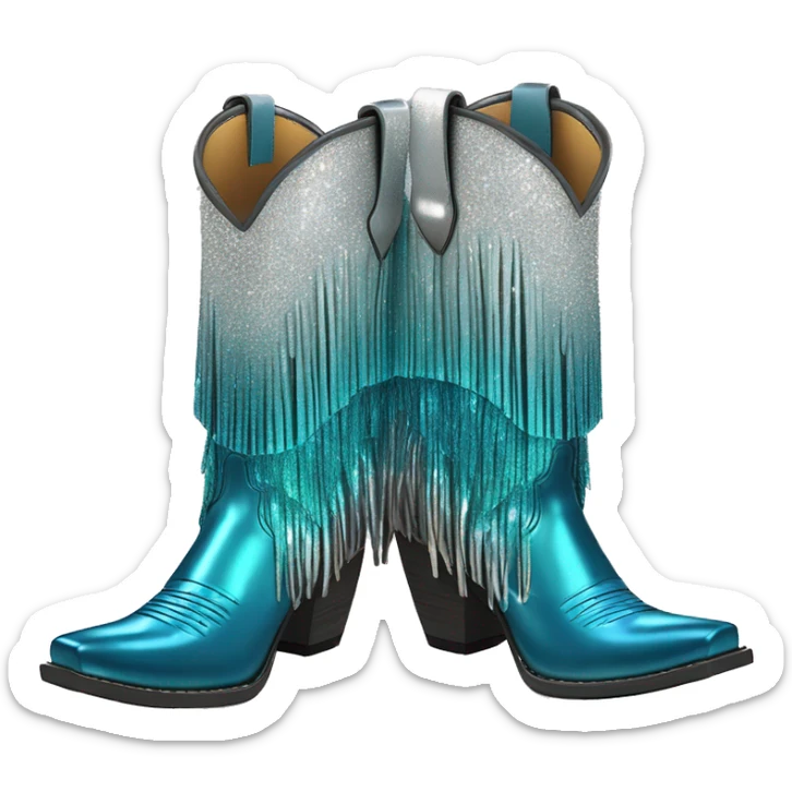 Realistic silver and peacock blue ombre pair of fashion cowgirl boots with sparkly shiny glitter fringe on them. sticker