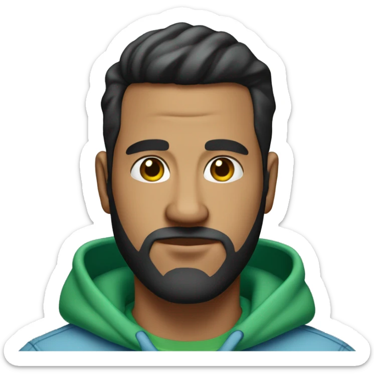 very wide guy with black straight backslicked hair big chest green hoodie and light blue jeans and a very very short beard, with acne sticker