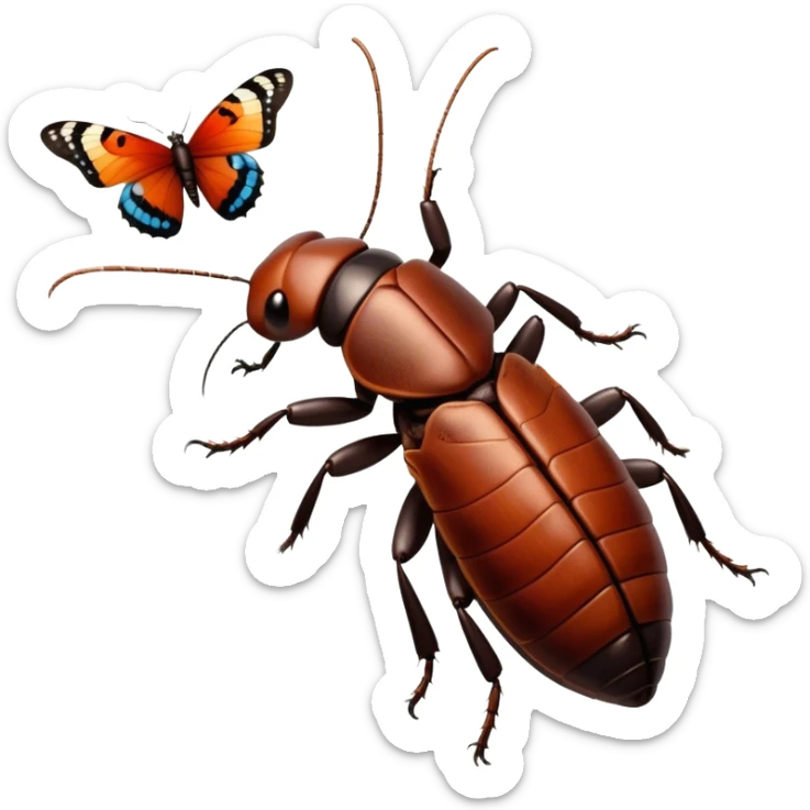 Close-up of giant Madagascar hissing cockroaches, butterflies, and stick insects in their natural habitat. The insects are shown in detail, highlighting their unique textures and colors, surrounded by plants and leaves. Soft lighting to enhance their features. Transparent background. sticker