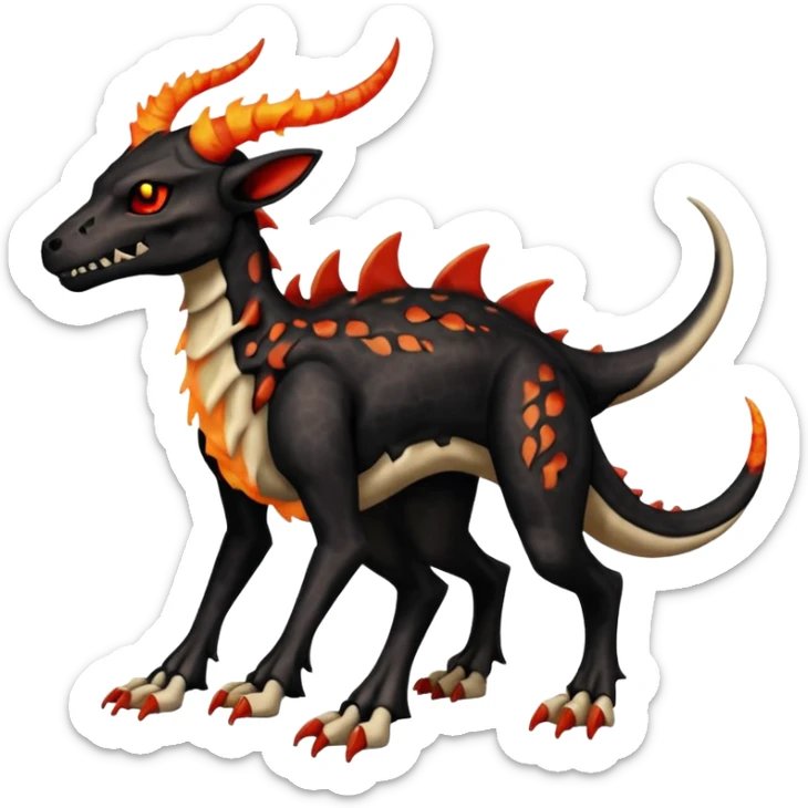 Skeletal Fiery Flaming Volcanic Draconic Cubone-Salandit-Houndoom-Houndour-Marowak-Poochyena-Litten-Fakémon-hybrid-creature (full body), 4 legs sticker