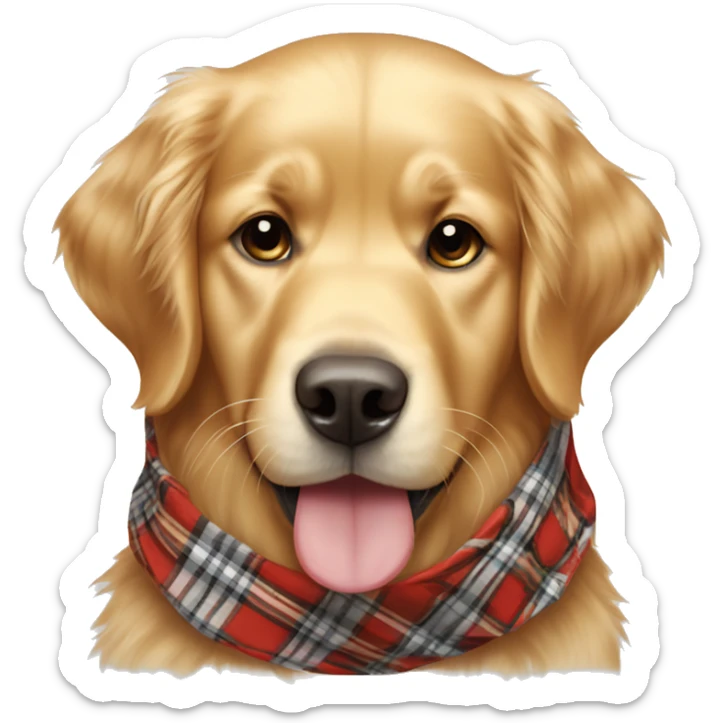 Light color golden retriever wearing a plaid bandana around his neck sticker