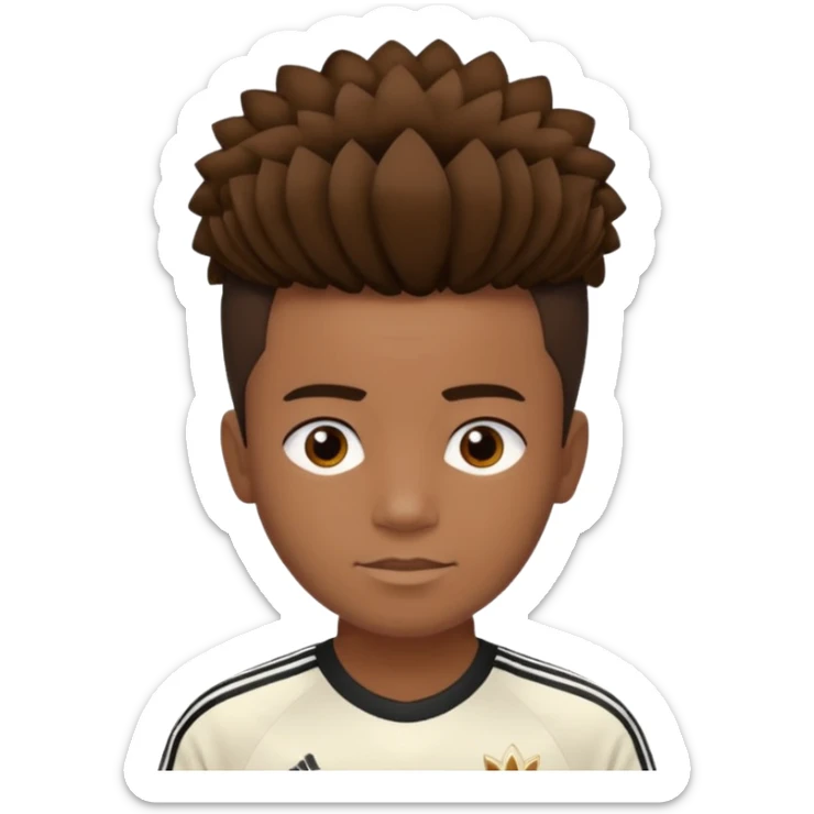Crie um emoji de um menino com o cabelo castanho claro com uma franja reta e o corte low fade zumbi blusa de gola alta da adidas sticker