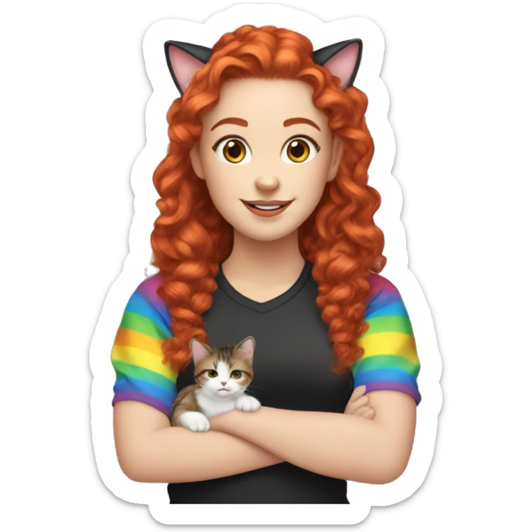 a white girl with long red curly hair in a pony tail with rainbow shirt does peace sign wearing cat ears one black other white sticker