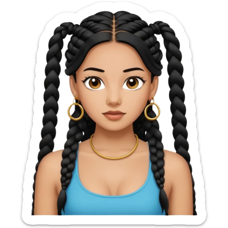 young fashionable woman, long braided black hair, wearing a crop top and hoop earrings, confident look sticker