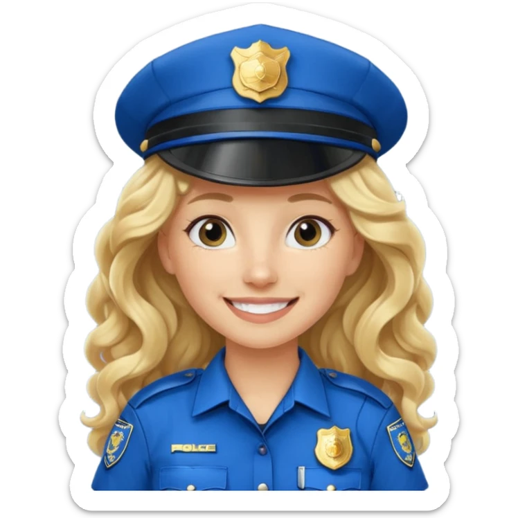 Female POLICE IN blue, long blonde curly hair, happy smile sticker