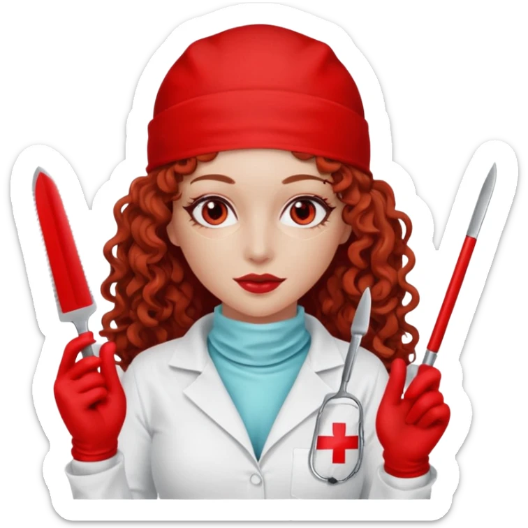 Scary woman scalpel in hand, evil surgeon sexy surgeon clothes.  She has red eyes. Her  brown long curly hair. Wears sexy doctor outfit with red gloves. make her wear red ski mask  to hide. Wears white surge9n jcketneb sticker