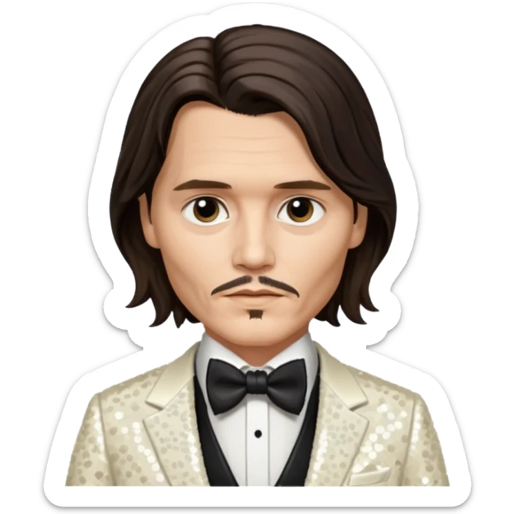 Johnny Depp with long dark brown hair hair, ivory sequin suit with bow tie sticker