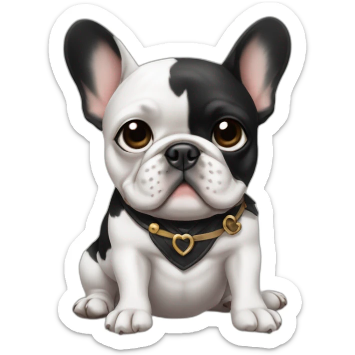 A french bulldog with black and white colors, one eye black, like a pirate, sitting on the ground, making a heart emoji sticker