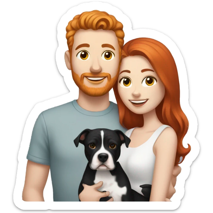 Red haired couple holding black and white English staffordshire sticker