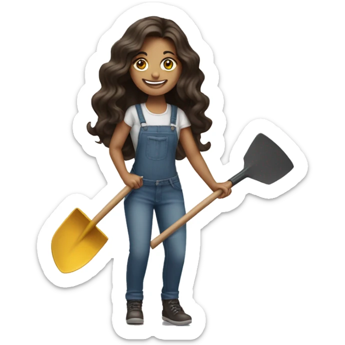  Beautiful woman long wavy hair dark brunette holding shovel an smiling sneakily   sticker