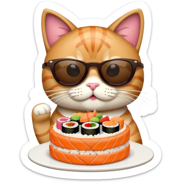 cool cat wearing sunglasses eating a birthday cake made out of sushi sticker