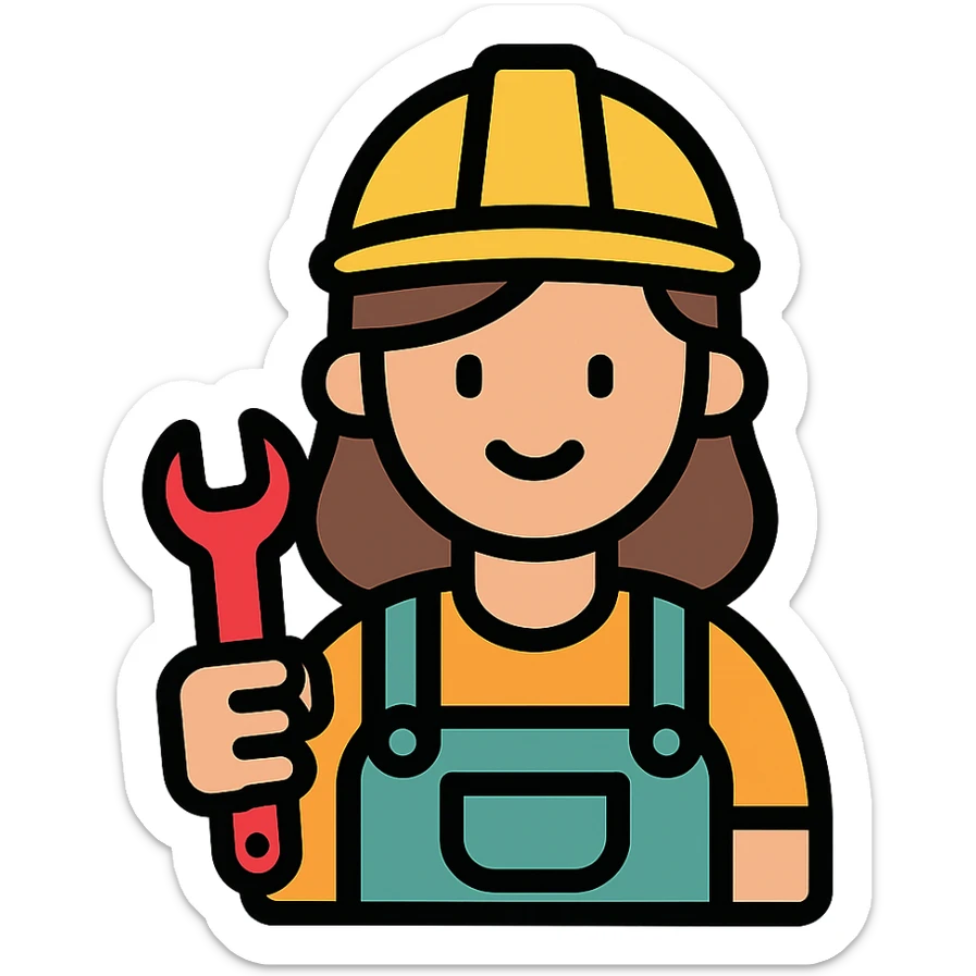 female plumber, woman in overalls with a wrench, friendly expression, color outline icon style sticker
