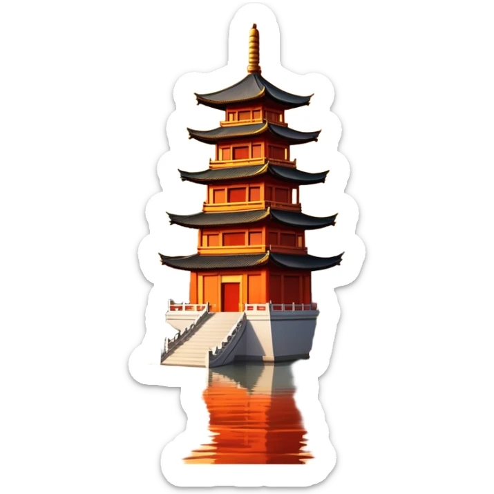Leifeng Pagoda in the Sunset, West Lake Hangzhou, simplified emoji style, traditional Chinese pagoda with sunset glow, cartoon style sticker