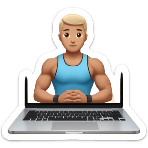 Open laptop on a dark background, showing a male fitness trainer inside a modern professional gym on the screen— smooth rounded edges, soft lighting, no text or logos, minimalistic and high-quality rendering. Only the laptop is visible, centered sticker