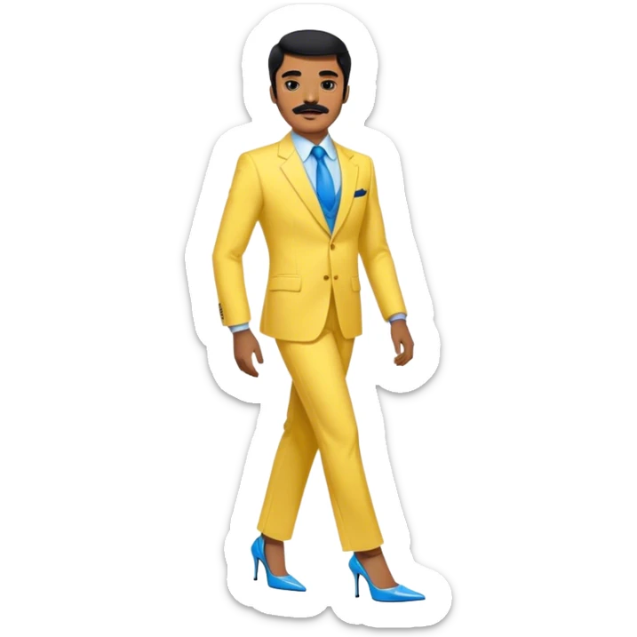 Man in a yellow suit and blue strappy high heels with black hair and black mustache and brown skin sticker
