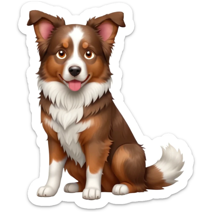 cinematic-[australian shepherd dog]-realistic-full-body-sitting-emoji,-tail-resting-loosely-beside-its-paws,-head-tilted-dramatically,-scruffy-[half white and red merle]-fur,-simplified-yet-realistic-focused-features,-highly-detailed,-glowing-with-an-almost-sarcastic-glow sticker