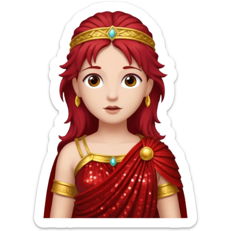 Vesta, Goddess from Hearth Roman Deities with long dark red hair, red sequin toga sticker