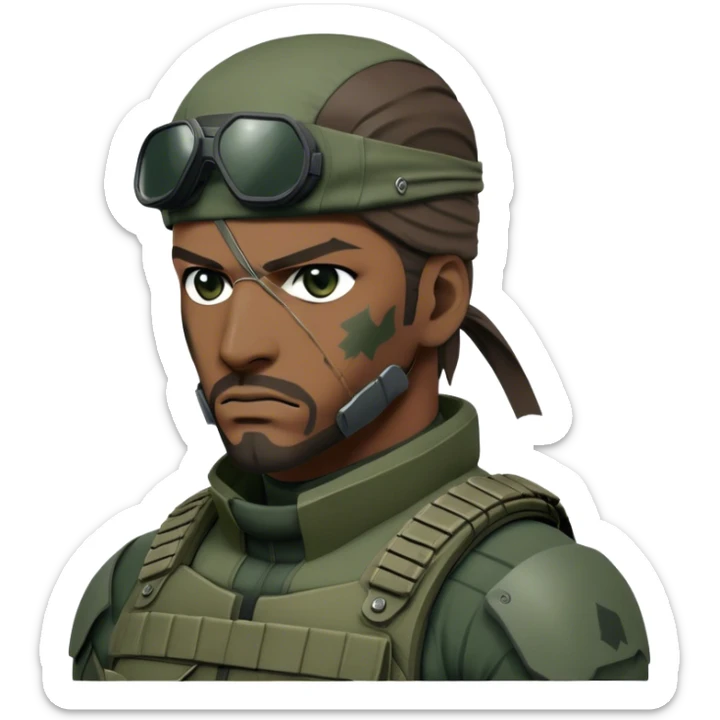 Cinematic Realistic Metal Gear Solid Snake Soldier Portrait, depicted with steely determination and tactical precision. Clad in intricately detailed combat attire in consistent muted greens, browns, and blacks, his rugged, weathered features and piercing eyes exude relentless resolve. Rendered with lifelike texture and dramatic, natural lighting, high shine, noble and stealthy, capturing the essence of a legendary soldier operating in the shadows. sticker