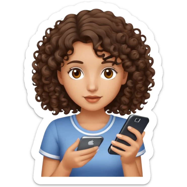 brunette girl with curly medium length hair, brown eyes, slightly tan skin, holding a phone sticker