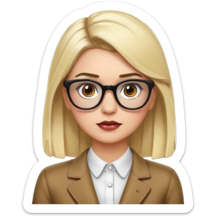Chanel Oberlin, blonde hair, brown eyes, glasses, acne, dark eyebrows, sassy pose, apple emoji style sticker