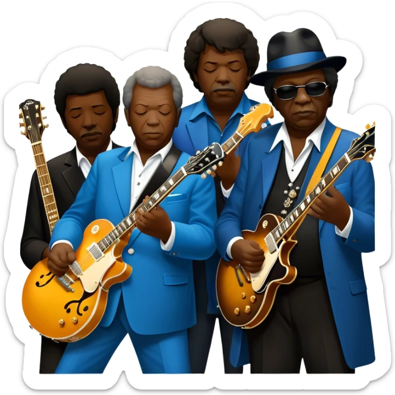 Icon for Blues Music: close-up collage of legendary blues artists. Gary Moore, Eric Clapton, B.B. King and Joe Cocker. Represented by silhouettes or symbolic items like guitars, microphones, or music notes, reflecting the soulful energy of blues music. Transparent background. sticker